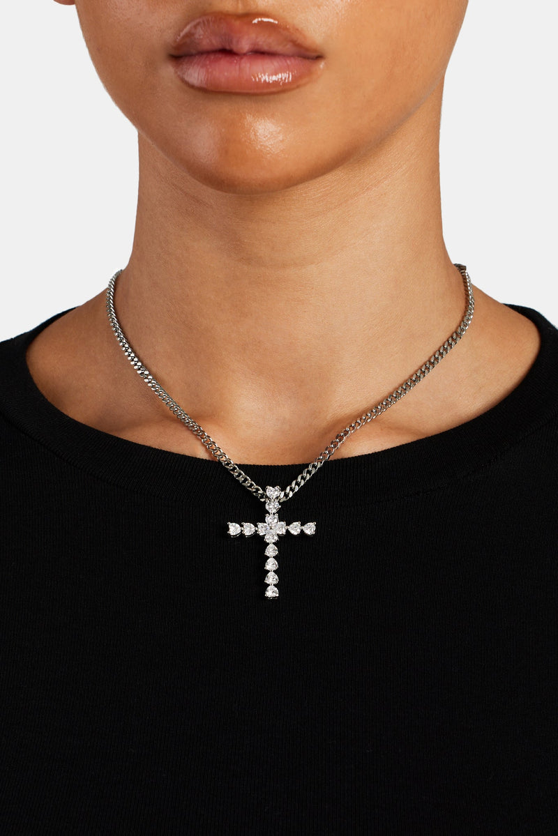 Iced CZ Cross Cuban Necklace - White Gold