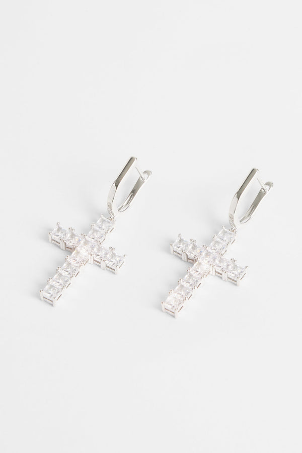 Iced Clear Cross Drop Earrings