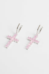 Iced Pink Cross Drop Earrings