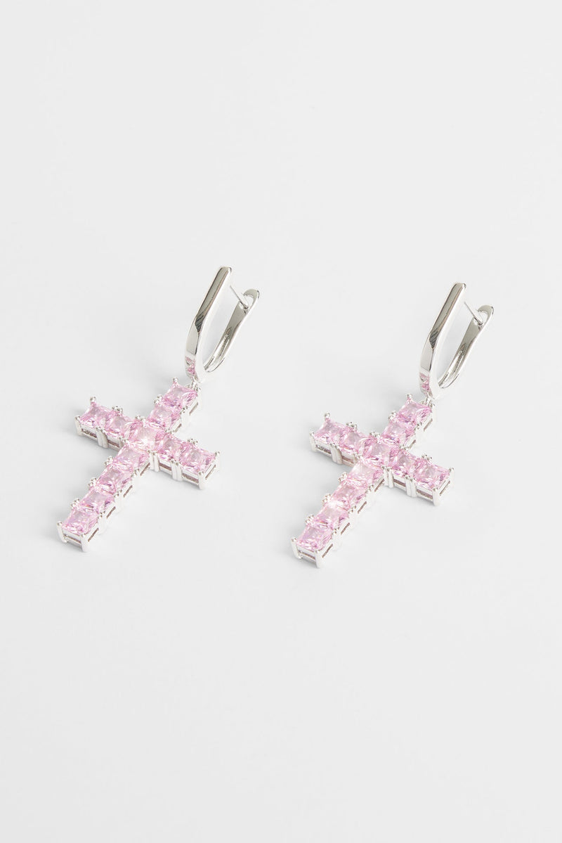 Iced Pink Cross Drop Earrings