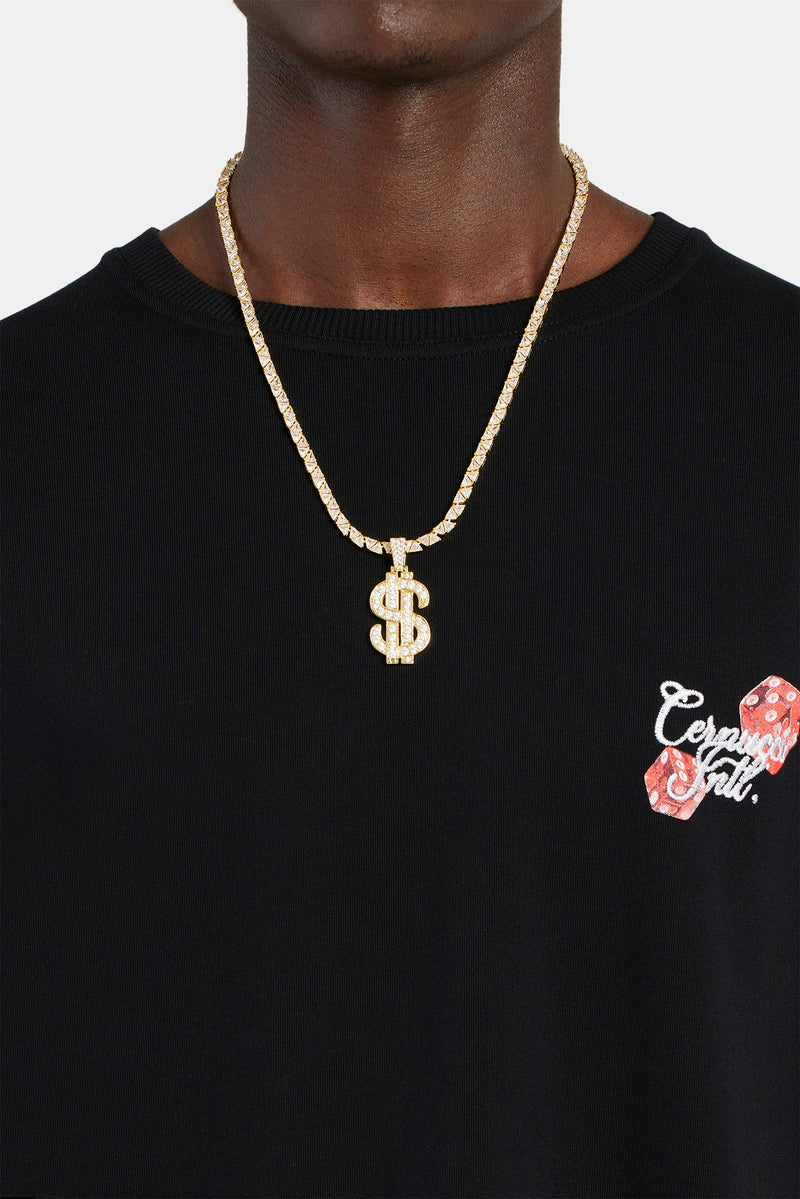 Gold Plated Iced CZ Dollar Sign Pendant