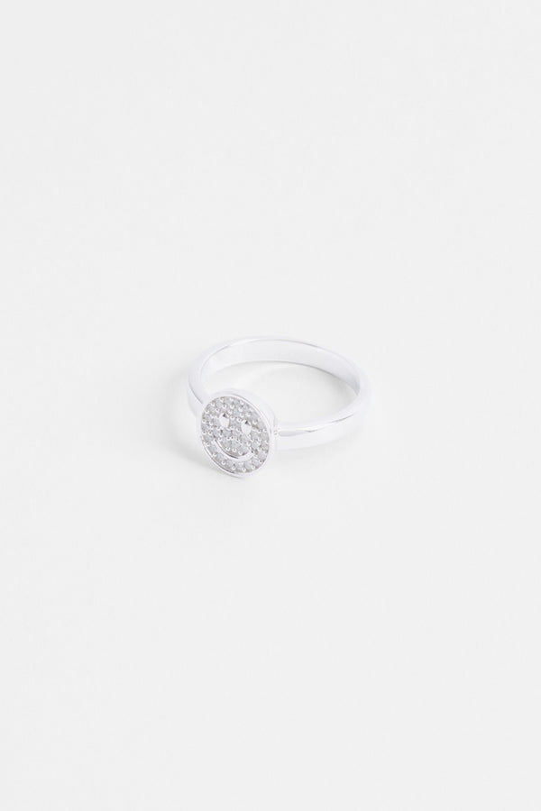 Iced Happy Face Ring - White Gold