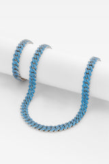 14mm Iced Blue Prong Cuban Chain + Bracelet Bundle - White Gold