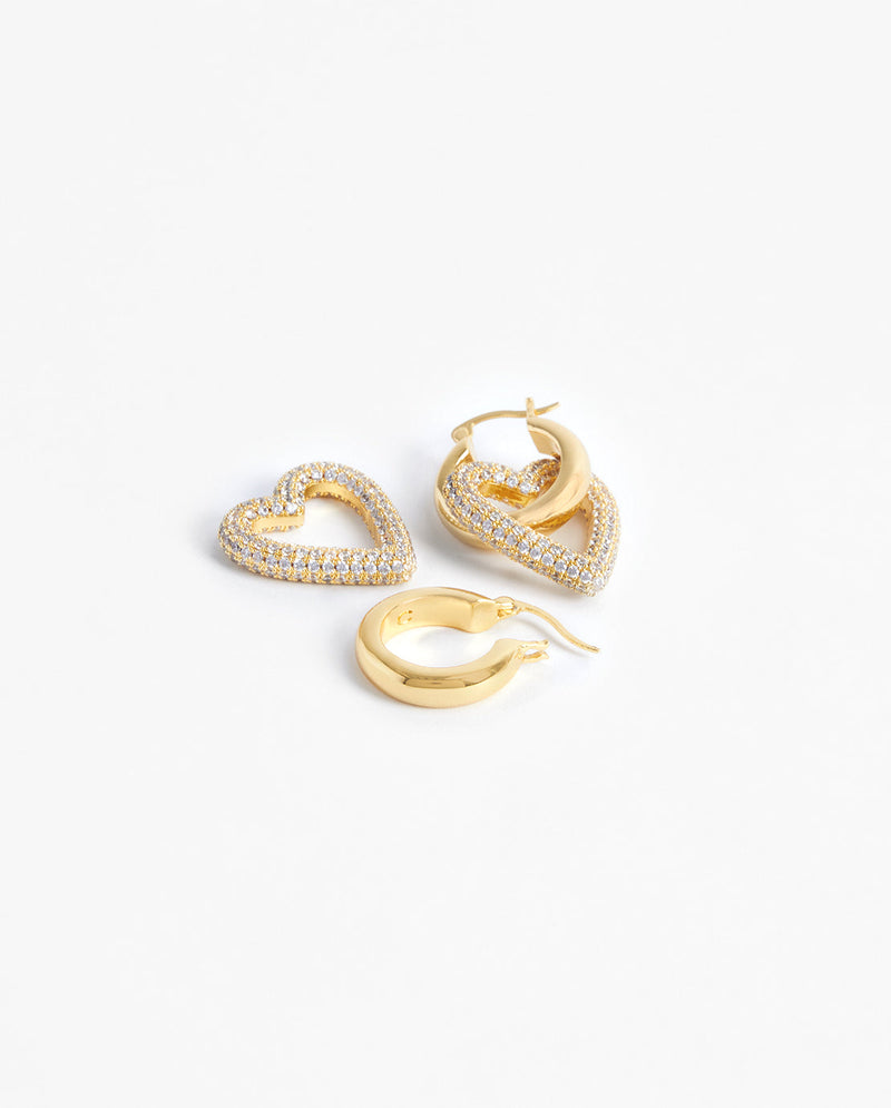 Iced Pave Heart Hoop Earrings - Gold