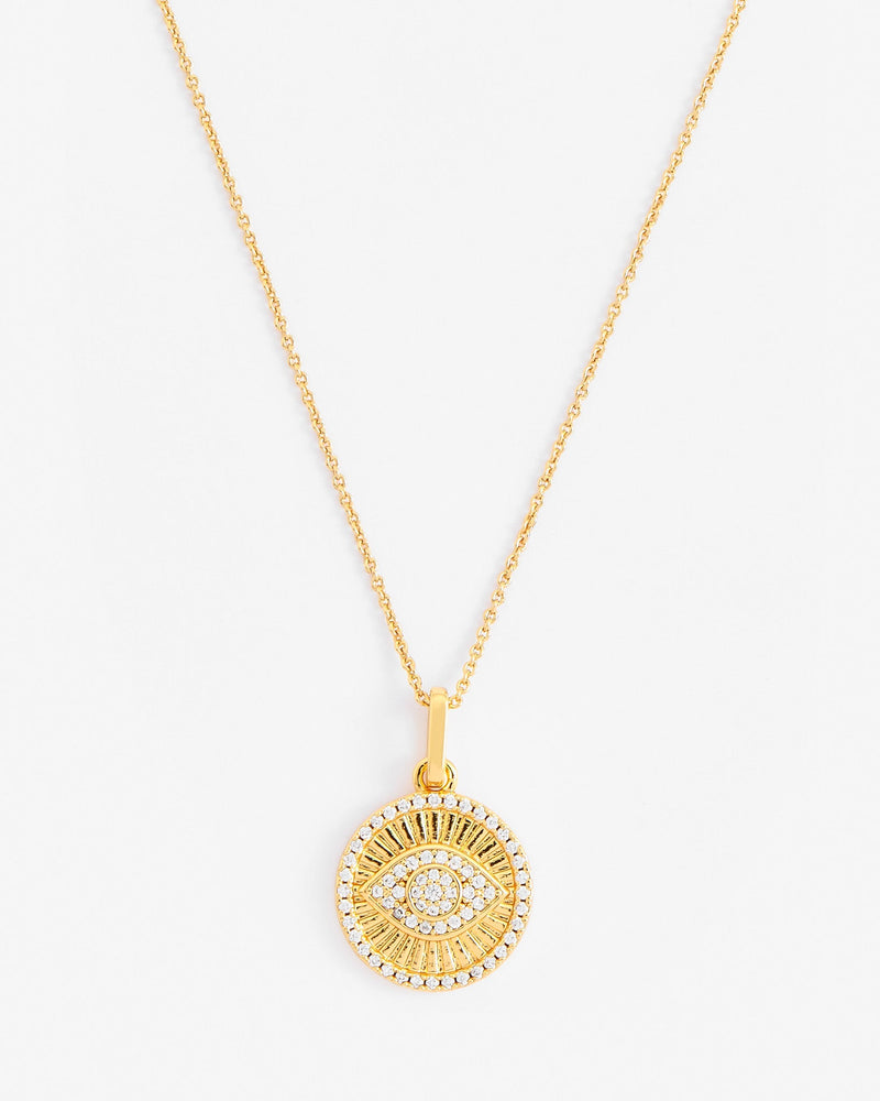Iced Evil Eye Disc Necklace - Gold