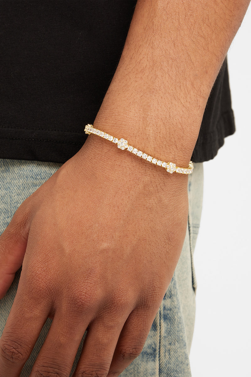 Iced Floral Detail Tennis Bracelet - Gold