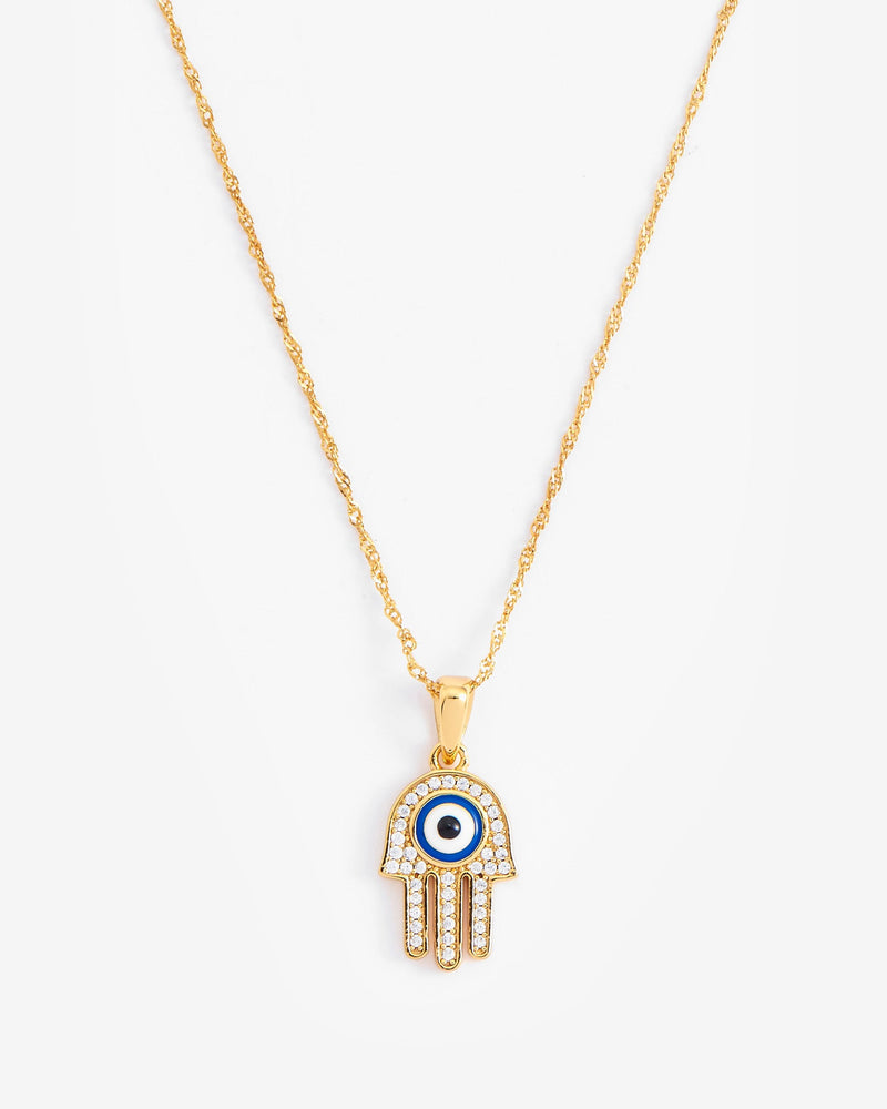 Iced Hamsa Hand Motif Necklace - Gold