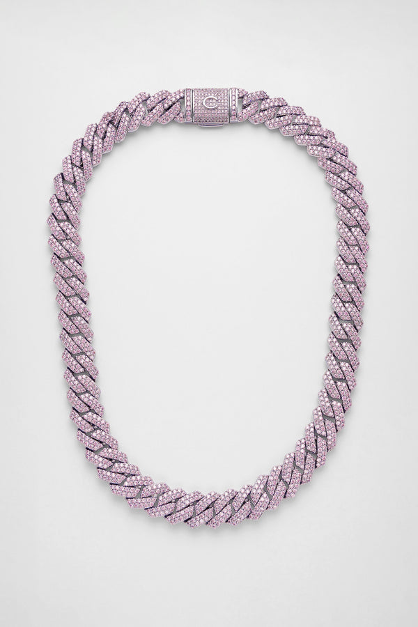 14mm Iced Pink Prong Cuban Chain - White Gold