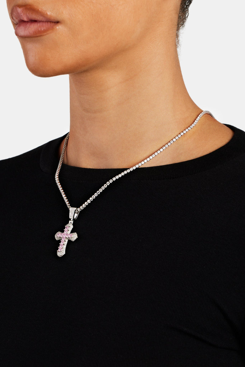 Iced Pink Square CZ Cross Pendant