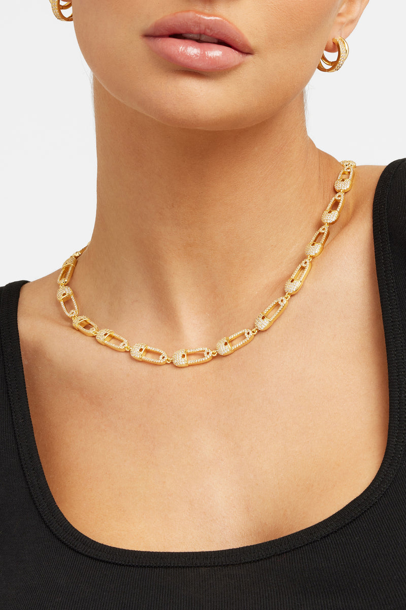 Iced Safety Pin Allway Necklace - Gold