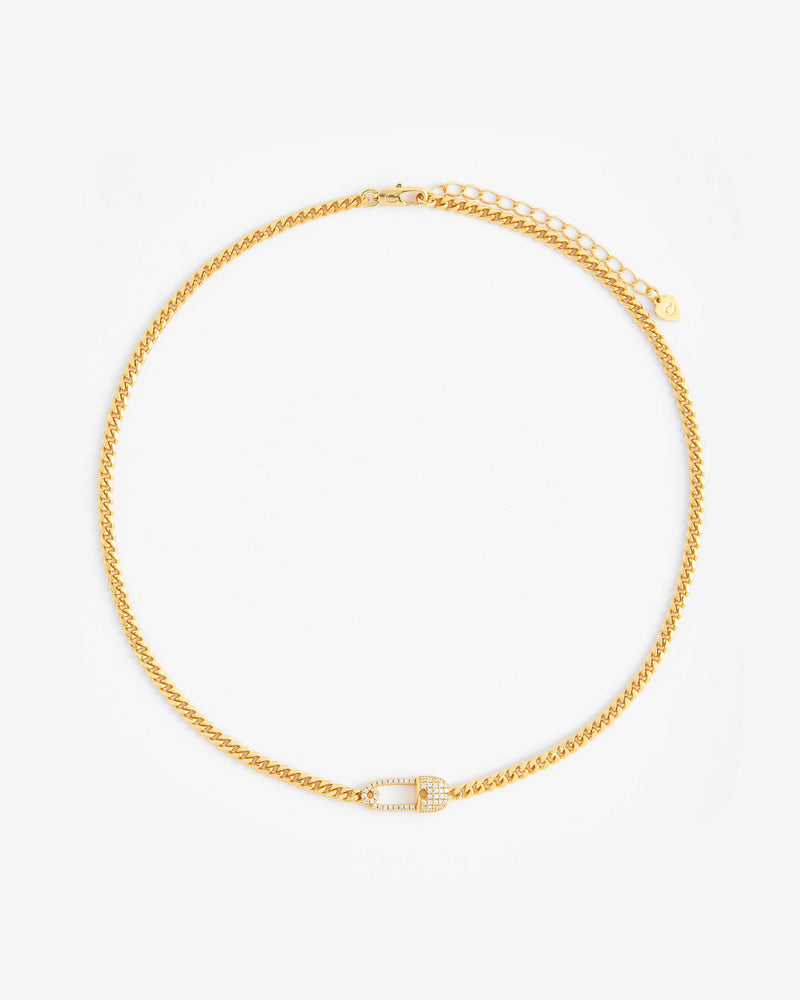 Iced Safety Pin Necklace - Gold