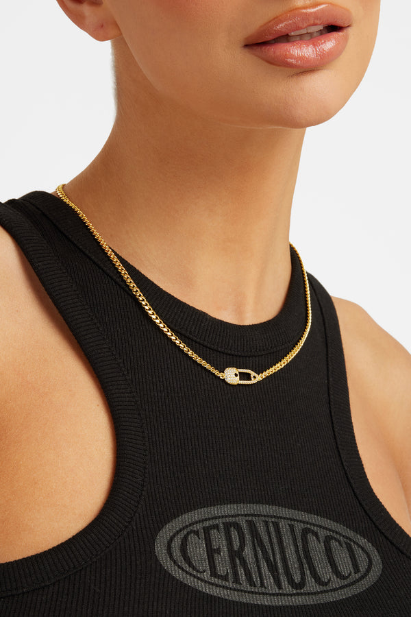 Iced Safety Pin Necklace - Gold