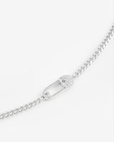 Iced Safety Pin Necklace - White Gold