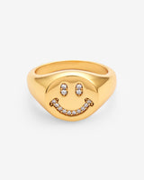 Iced Smile Face Signet Ring - Gold