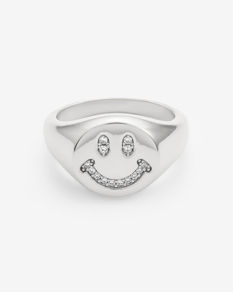 Iced Smile Face Signet Ring - White Gold