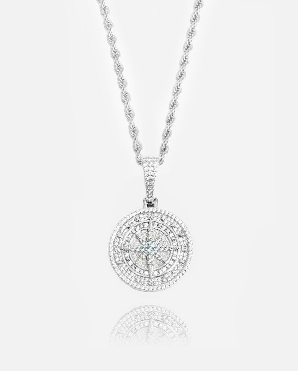 925 Iced Compass Pendant - White Gold
