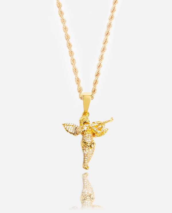 Iced Angel Gun Pendant - Gold