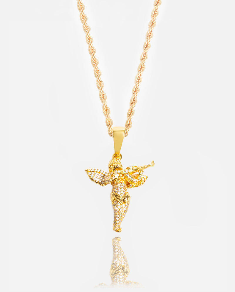 Iced Angel Gun Pendant - Gold