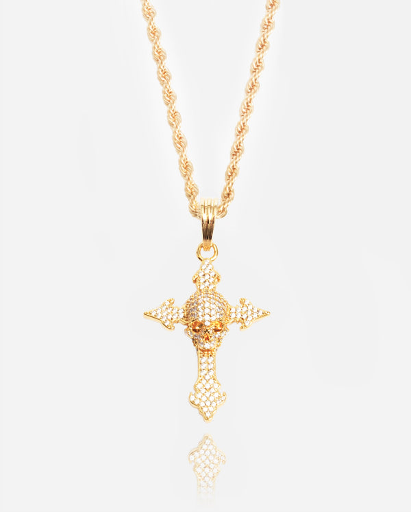 Iced Skull Cross Pendant - Gold