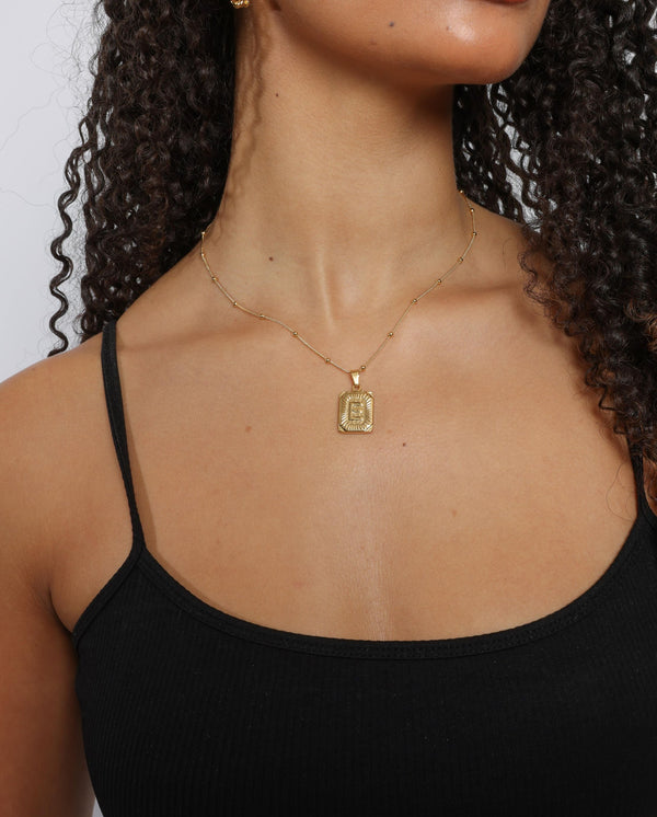 Vintage Inspired Initial Rectangle Pendant E - Gold