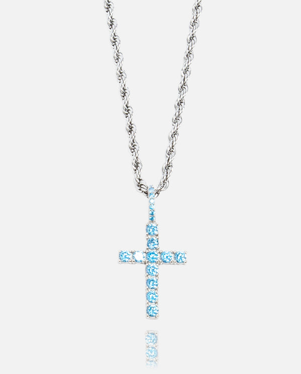 Iced Mini Cross Pendant - Blue