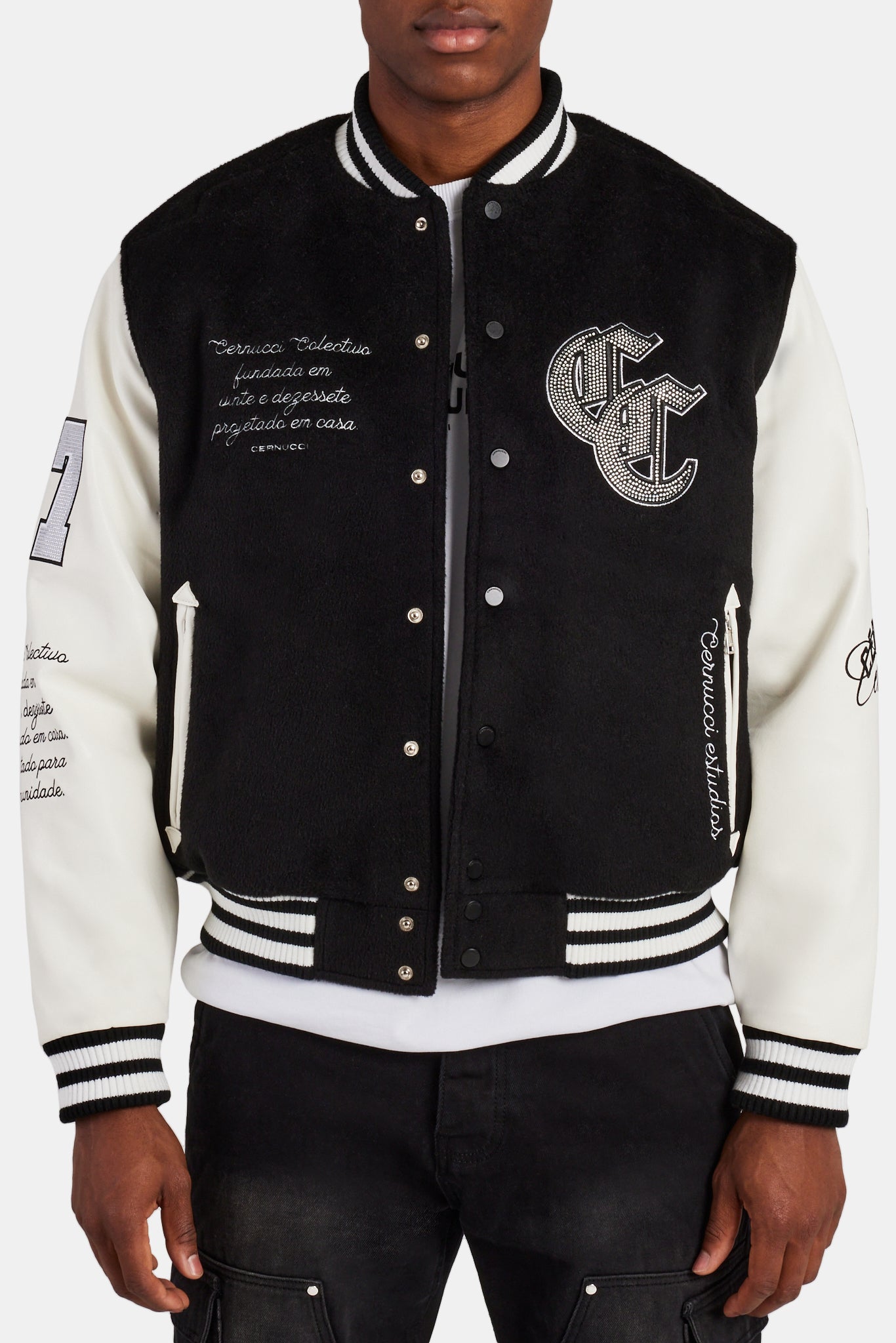 Cernucci Rhinestone Varsity Bomber - Black | Mens Outerwear | Shop