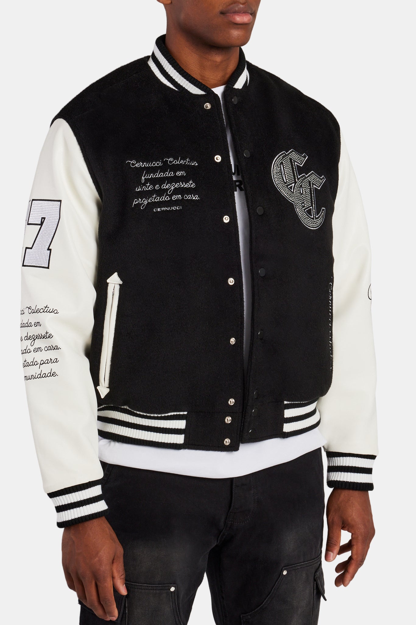 Cernucci Rhinestone Varsity Bomber - Black | Mens Outerwear | Shop
