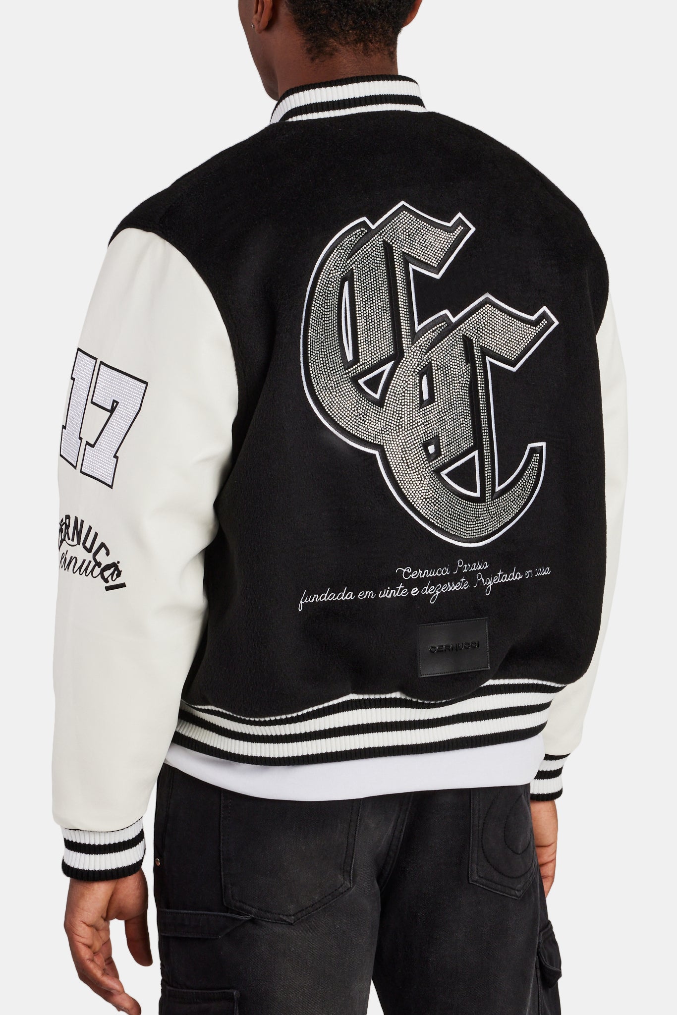 Cernucci Rhinestone Varsity Bomber - Black | Mens Outerwear | Shop ...