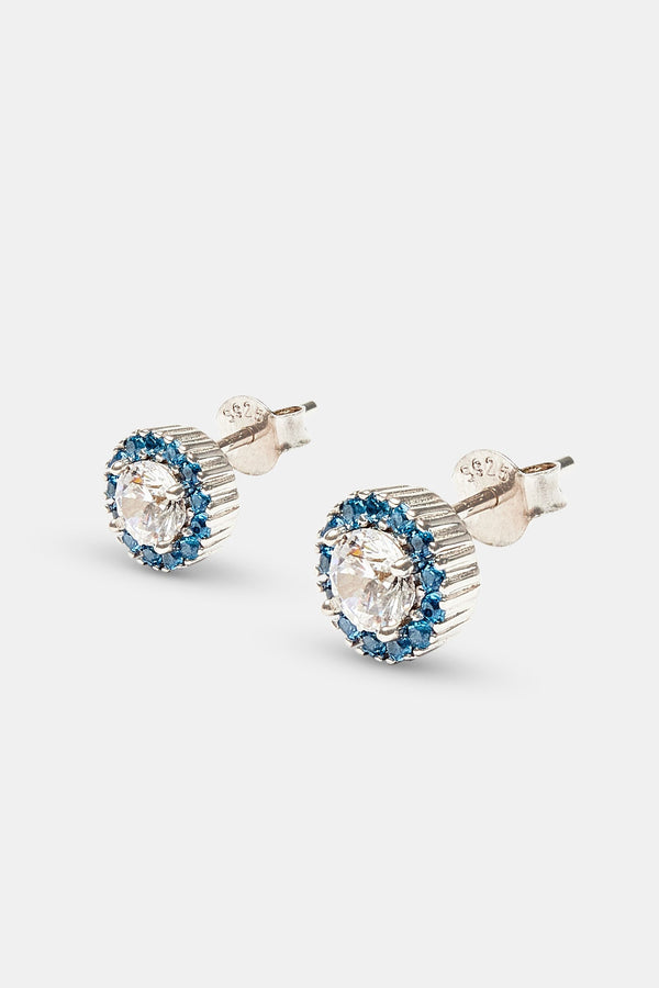Blue CZ Cluster Round Stud Earrings