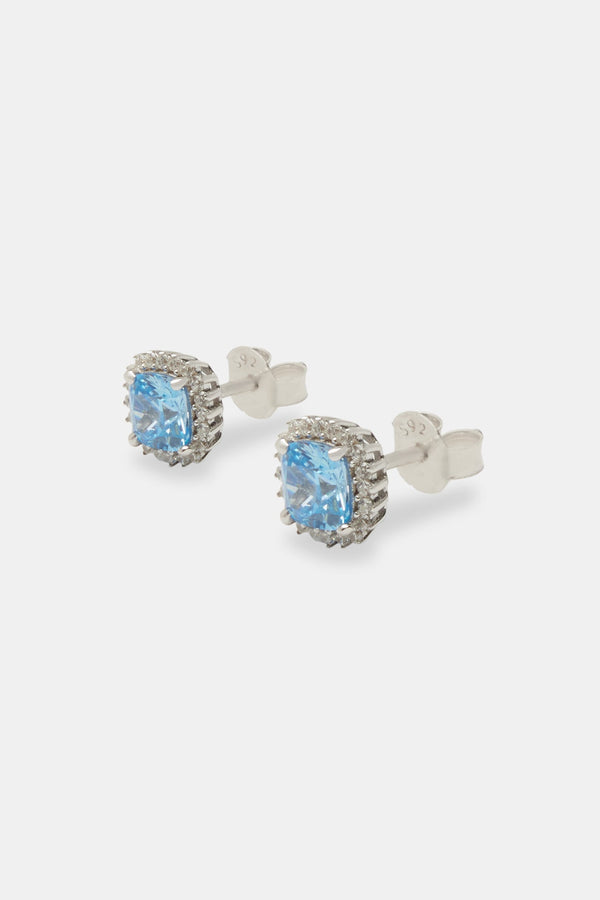 925 Blue CZ Square Cluster Earring - White