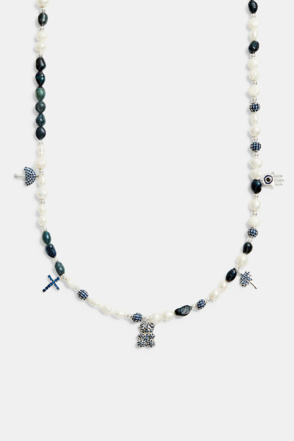 Pearl And Iced Blue Motif Necklace