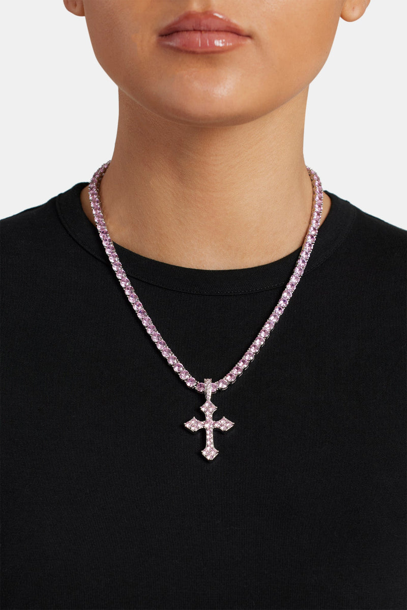 Pink Iced Celtic Cross Pendant - White Gold