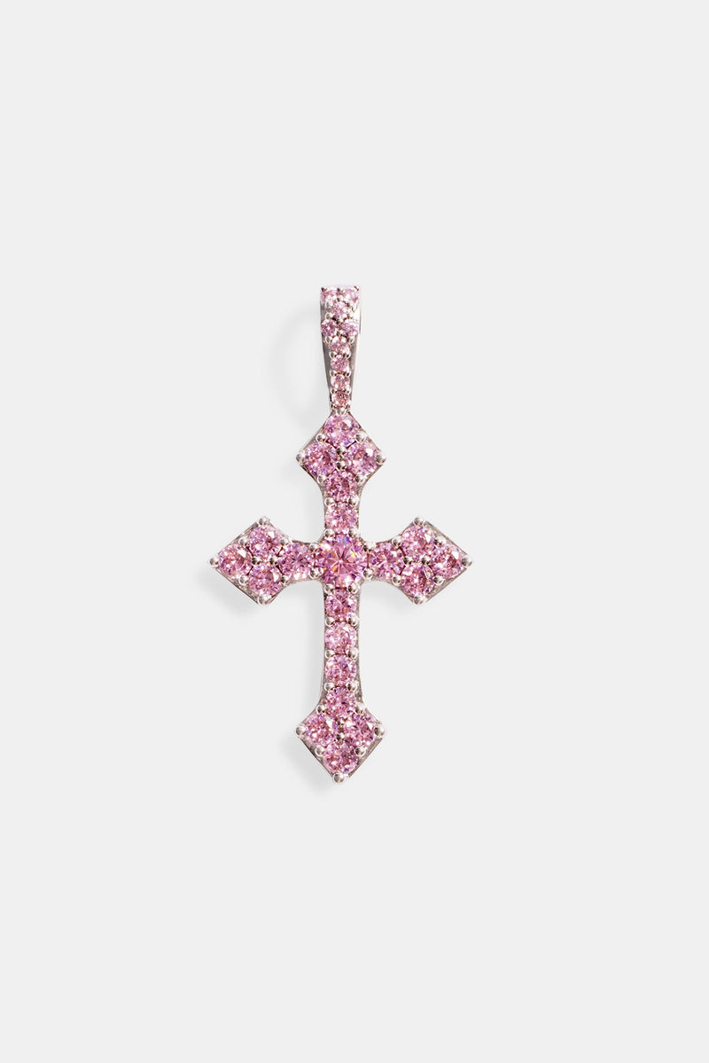 Pink Iced Celtic Cross Pendant - White Gold