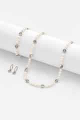 Pearl And Iced Face Motif Necklace + Bracelet & Iced Face Motif Earrings Bundle - White Gold