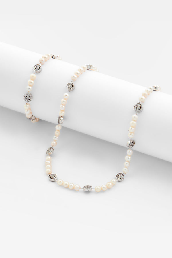 Pearl And Iced Face Motif Necklace + Bracelet Bundle - White Gold