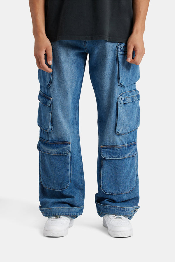 Baggy Utility Cargo Jeans - Mid Blue