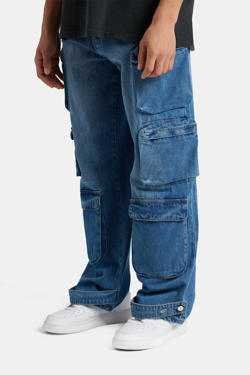 Baggy Utility Cargo Jeans - Mid Blue