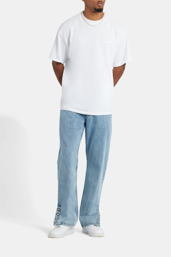 Relaxed Button Hem Detail Jeans - Light Blue