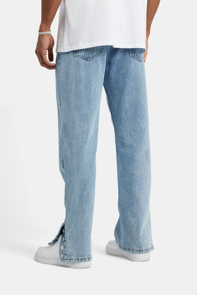 Relaxed Button Hem Detail Jeans - Light Blue