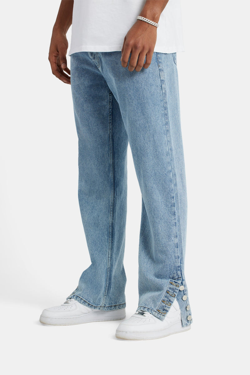 Relaxed Button Hem Detail Jeans - Light Blue