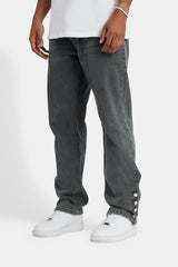 Relaxed Button Hem Detail Jeans - Dark Grey