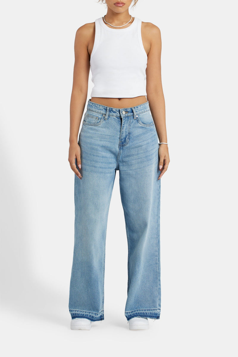 Relaxed Fit Raw Hem Jeans - Light Blue