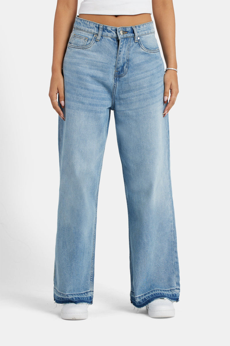 Relaxed Fit Raw Hem Jeans - Light Blue
