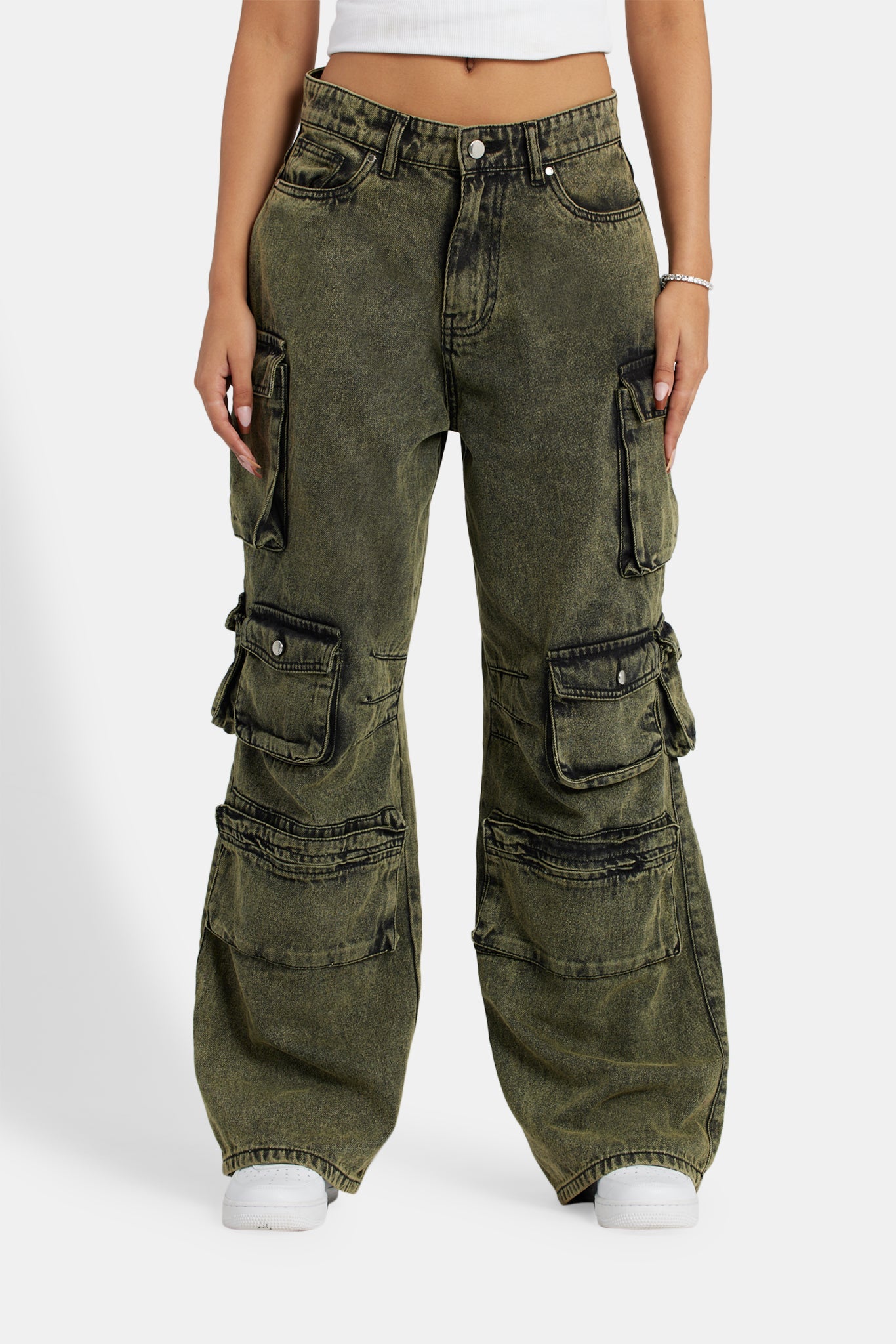 Acid Wash Baggy Cargo Jeans - Green | Womens Denim | Shop Jeans at