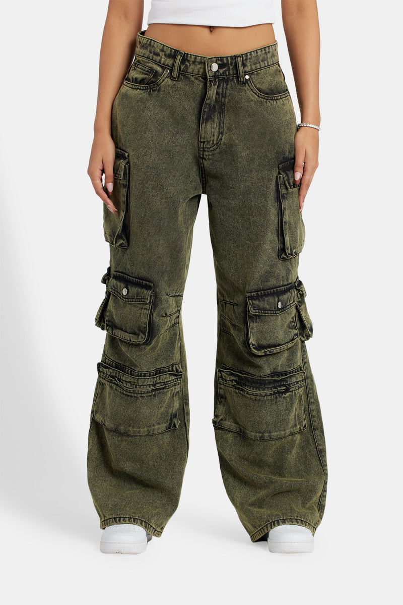 Acid Wash Baggy Cargo Jeans - Green