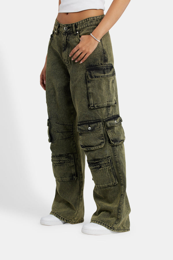 Acid Wash Baggy Cargo Jeans - Green