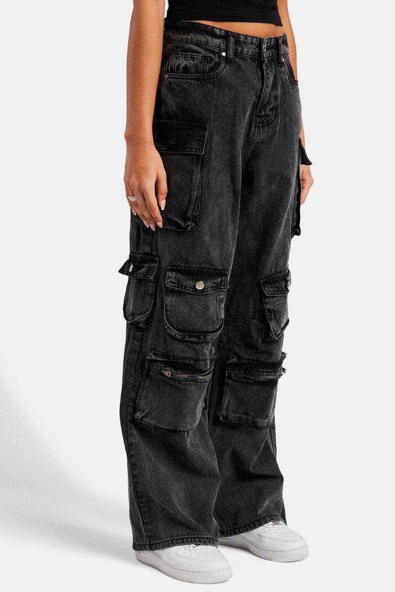 Acid Wash Baggy Cargo Jeans Black Womens Denim Shop Jeans at