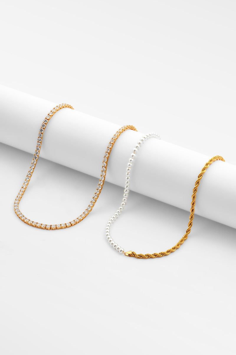 Half Rope and Pearl Necklace & 5mm Tennis Chain - Gold