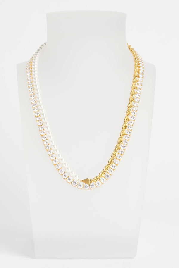 Half Rope and Pearl Necklace & 5mm Tennis Chain - Gold