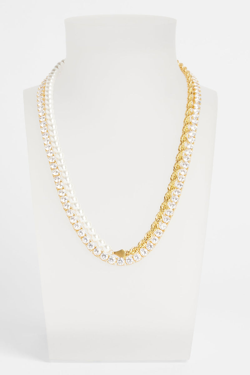 Half Rope and Pearl Necklace & 5mm Tennis Chain - Gold